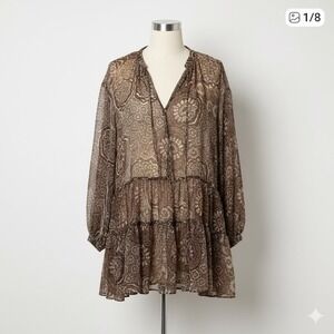 HM LOGO Brown‎ Paisley Tiered Babydoll Dress Sheer Boho Block Print Size Medium
